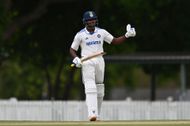 Sai Sudharsan celebrates scoring his century for India A. Source: Getty
